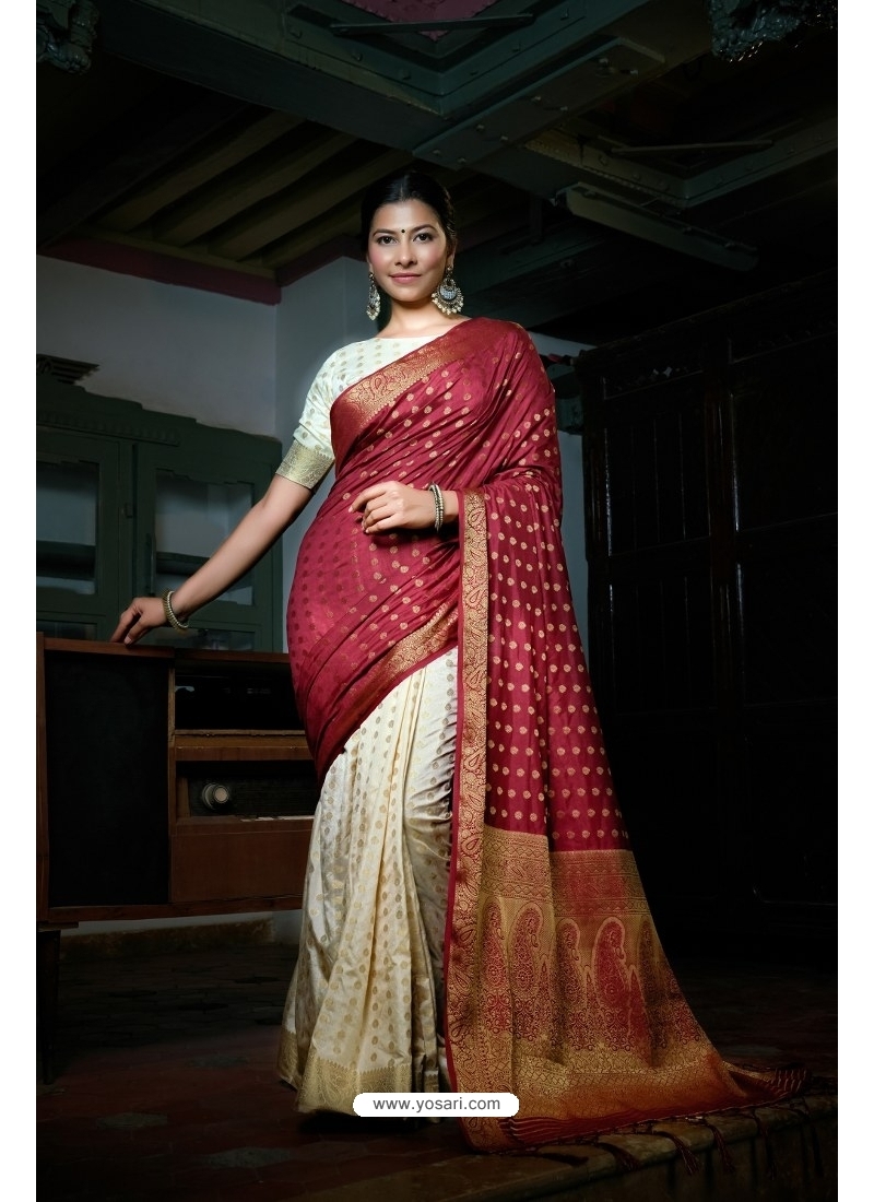 Beige Kanjeevaram Silk Saree With Red Zari Border With Floral Detailing