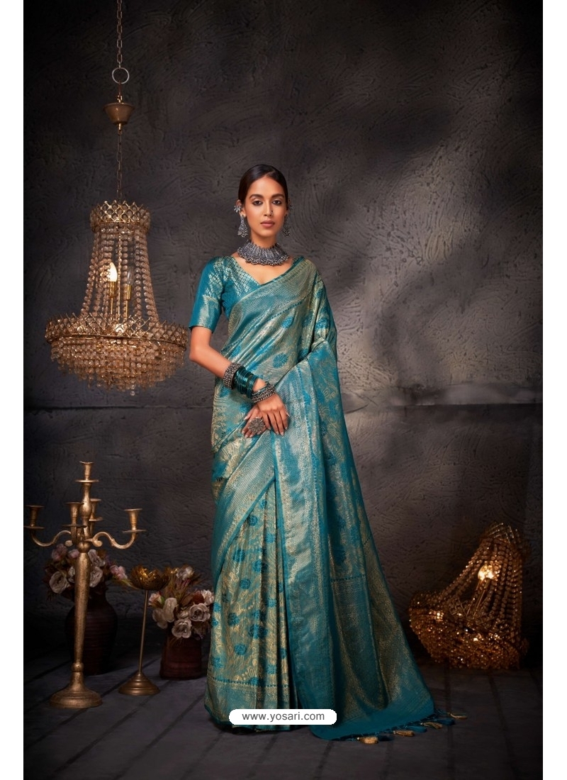 Deep Sky Blue Zari Woven Kanjivaram Satin Silk Saree – zarikaariindia.com