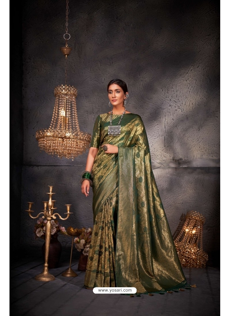 Royal Green Kanjeevaram Saree With Golden Pink Pallu – Ishita Collection