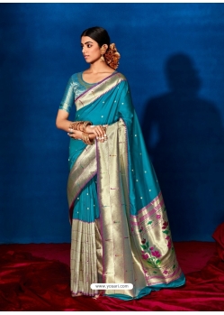 Teal Blue Designer Silk Wedding Wear Sari
