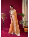 Light Orange Designer Pure Linen Wedding Wear Sari