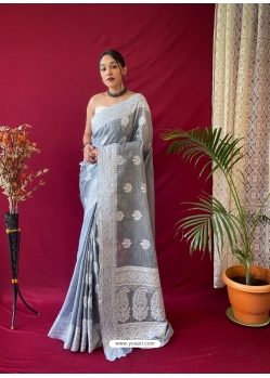 Grey Designer Pure Linen Wedding Wear Sari