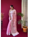 Pink Designer Pure Linen Wedding Wear Sari
