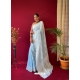 Aqua Grey Designer Pure Linen Wedding Wear Sari