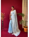 Aqua Grey Designer Pure Linen Wedding Wear Sari