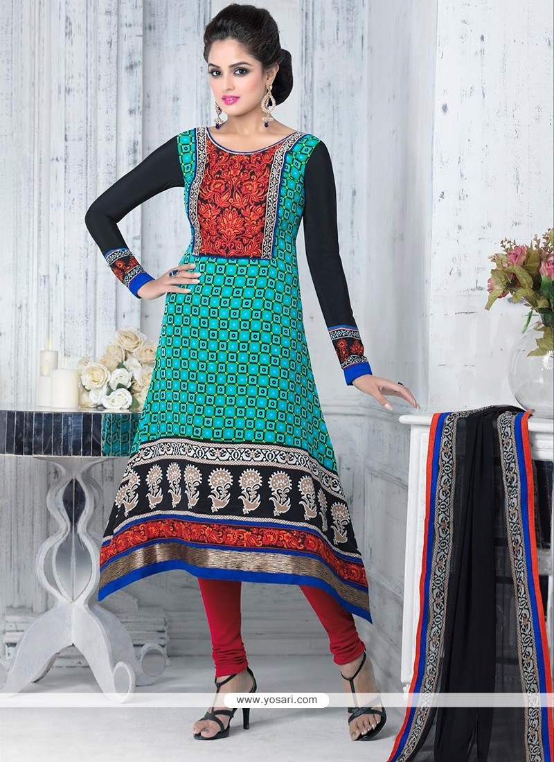 Turquoise Embroidery Work Churidar Suit