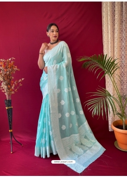 Sky Blue Designer Pure Linen Wedding Wear Sari