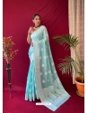 Sky Blue Designer Pure Linen Wedding Wear Sari