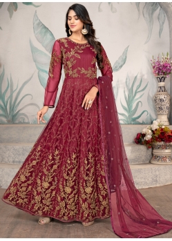 Maroon Embroidered Net Party Wear Anarkali Suit