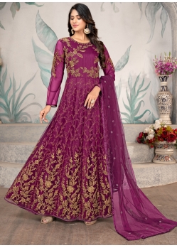 Purple Embroidered Net Party Wear Anarkali Suit