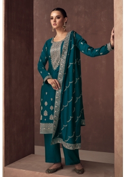 Teal Blue Premium Silk Designer Party Wear Suit