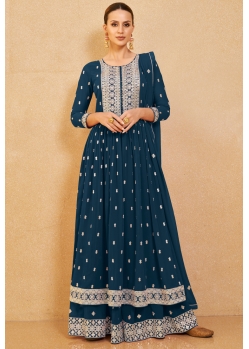 Teal Blue Real Georgette Designer Party Wear Suit