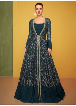 Teal Blue Premium Silk Designer Gown Style Suit