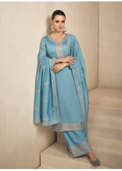 Designer Blue Premium Silk Party Wear Straight Suit