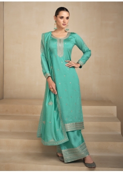 Designer Aqua Mint Premium Silk Party Wear Straight Suit