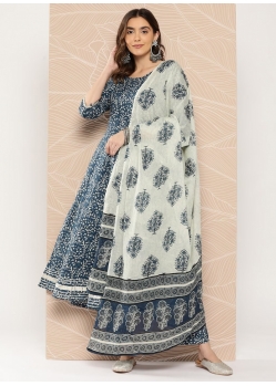 Teal Blue Pure Cotton Printed Readymade Designer Suit