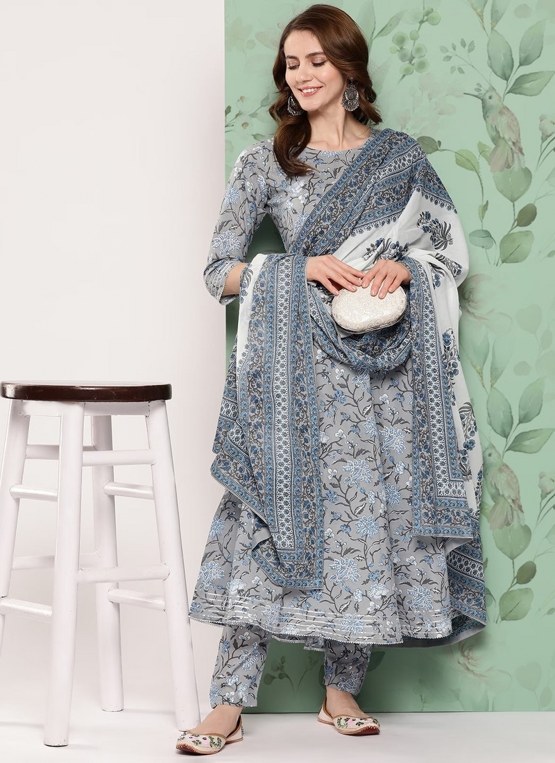 Floral Grey Embroidered Straight Suit Set for Women – Ombray