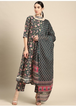 Bottle Green Pure Cotton Printed Designer Readymade Suit