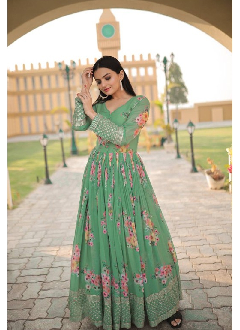 Buy Green Party Wear Readymade Faux Georgette Gown | Gowns-demhanvico.com.vn