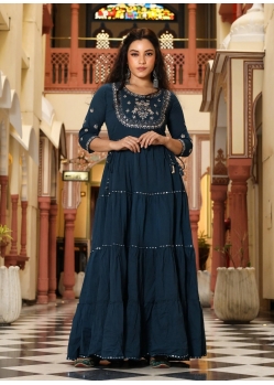 Blue Party Wear Readymade Cotton Gown