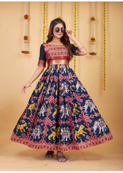 Navy Blue Designer Silk With Weaving Readymade Party Wear Gown