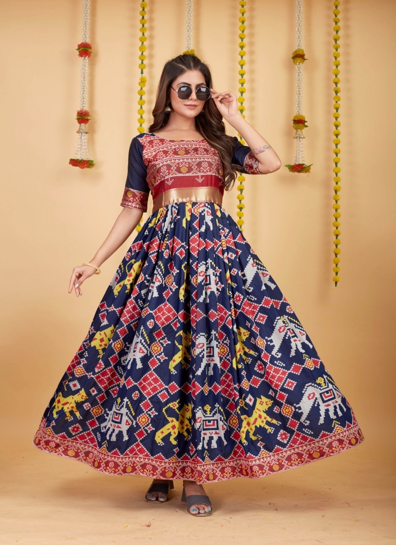 Navy Blue Designer Silk With Weaving Readymade Party Wear Gown