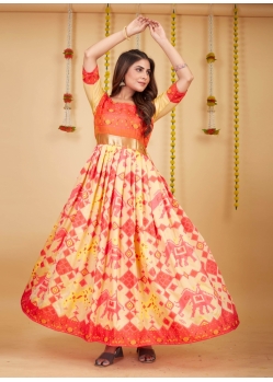 Multi Colour Designer Silk With Weaving Readymade Party Wear Gown