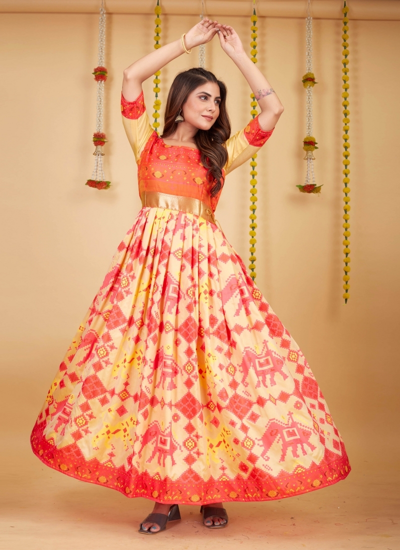 Multi Colour Designer Silk With Weaving Readymade Party Wear Gown