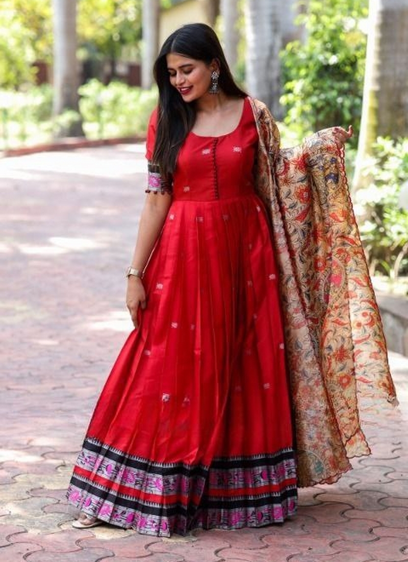 Red Designer Party Wear Paithani Readymade Gown Suit