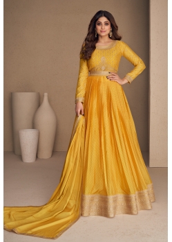 Yellow Party Wear Chinon Silk Designer Anarkali Suit