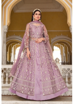 Mauve Pure Butterfly Net Heavy Worked Designer Front Cut Suit