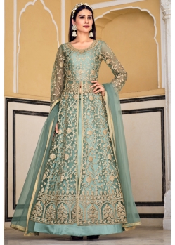 Grayish Green Pure Butterfly Net Heavy Worked Designer Front Cut Suit