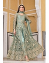 Grayish Green Pure Butterfly Net Heavy Worked Designer Front Cut Suit
