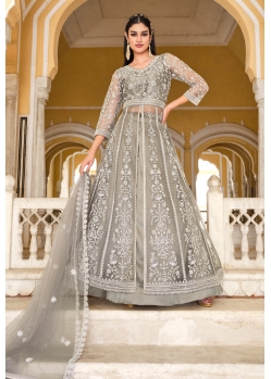 Taupe Pure Butterfly Net Heavy Worked Designer Front Cut Suit