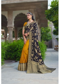 Navy And Yellow Designer Party Wear Silk Saree