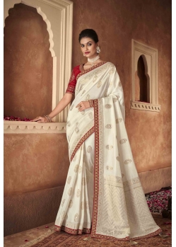 Off White Designer Embroidered Pure Dola Partry Wear Saree