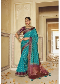 Turquoise Blue Embroidered Party Wear Designer Silk Saree