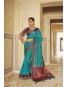 Turquoise Blue Embroidered Party Wear Designer Silk Saree