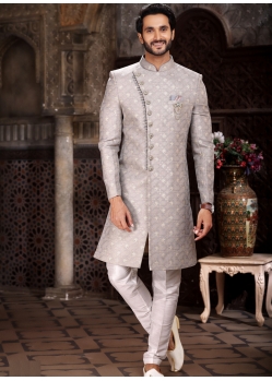 Grey Banarasi Jacquard Indowestern With Off White Aligadhi Style Pant