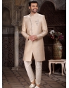 Light Beige Banarasi Jacquard Indowestern With Cream Aligadhi Style Pant