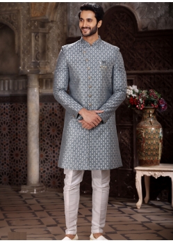 Royal Grey Banarasi Jacquard Indowestern With Off White Aligadhi Style Pant