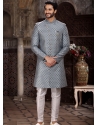 Royal Grey Banarasi Jacquard Indowestern With Off White Aligadhi Style Pant