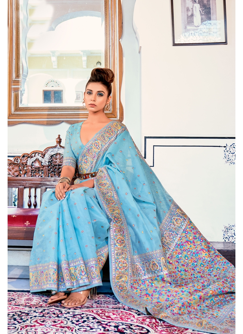 Sky Blue Pure Kashmiri Modal Weaving Designer Saree