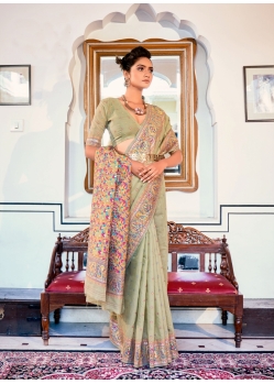 Olive Green Pure Kashmiri Modal Weaving Designer Saree