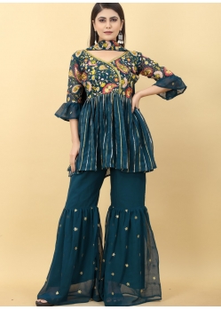 Teal Blue Readymade Designer Georgette Sharara Suit