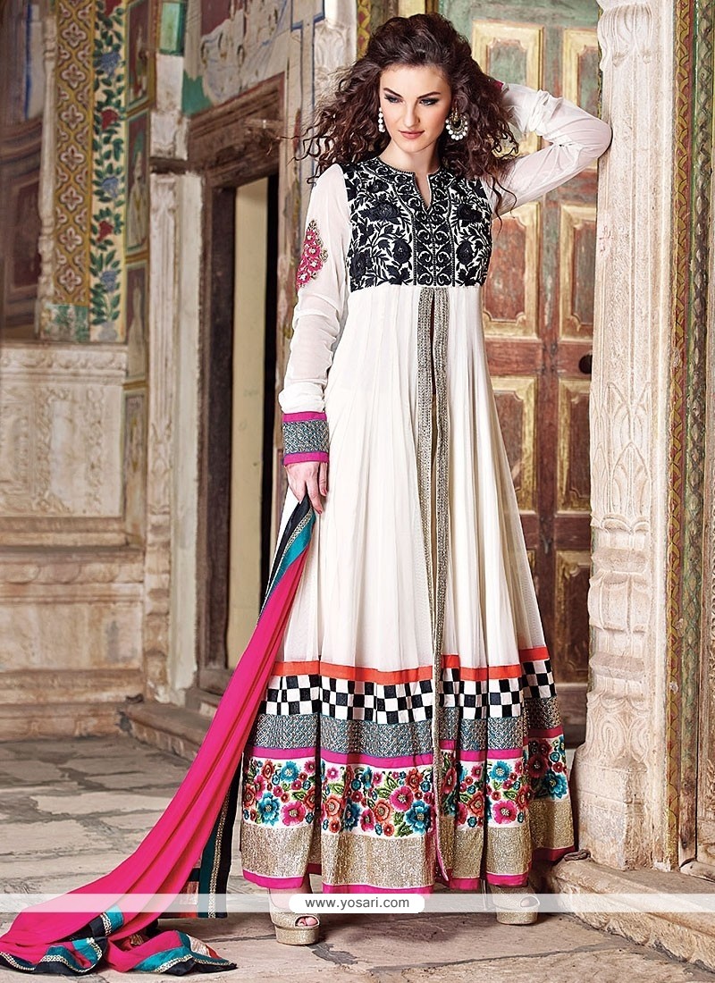 Off White Georgette Embroidery Anarkali Suits