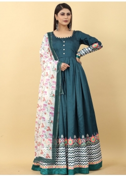 Teal Blue Readymade Designer Party Wear Georgette Gown Style Anarkali Suit