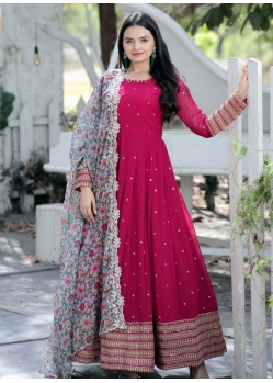 Rose Red Readymade Designer Party Wear Faux Blooming Anarkali Suit