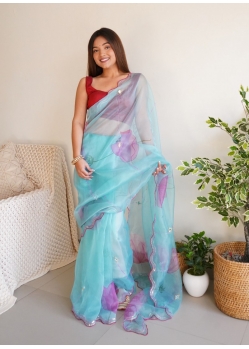 Sky Blue Designer Organza Wedding Wear Sari