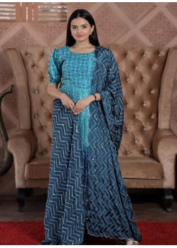 Blue Readymade Designer Party Wear Maslin Croche Palazzo Suit